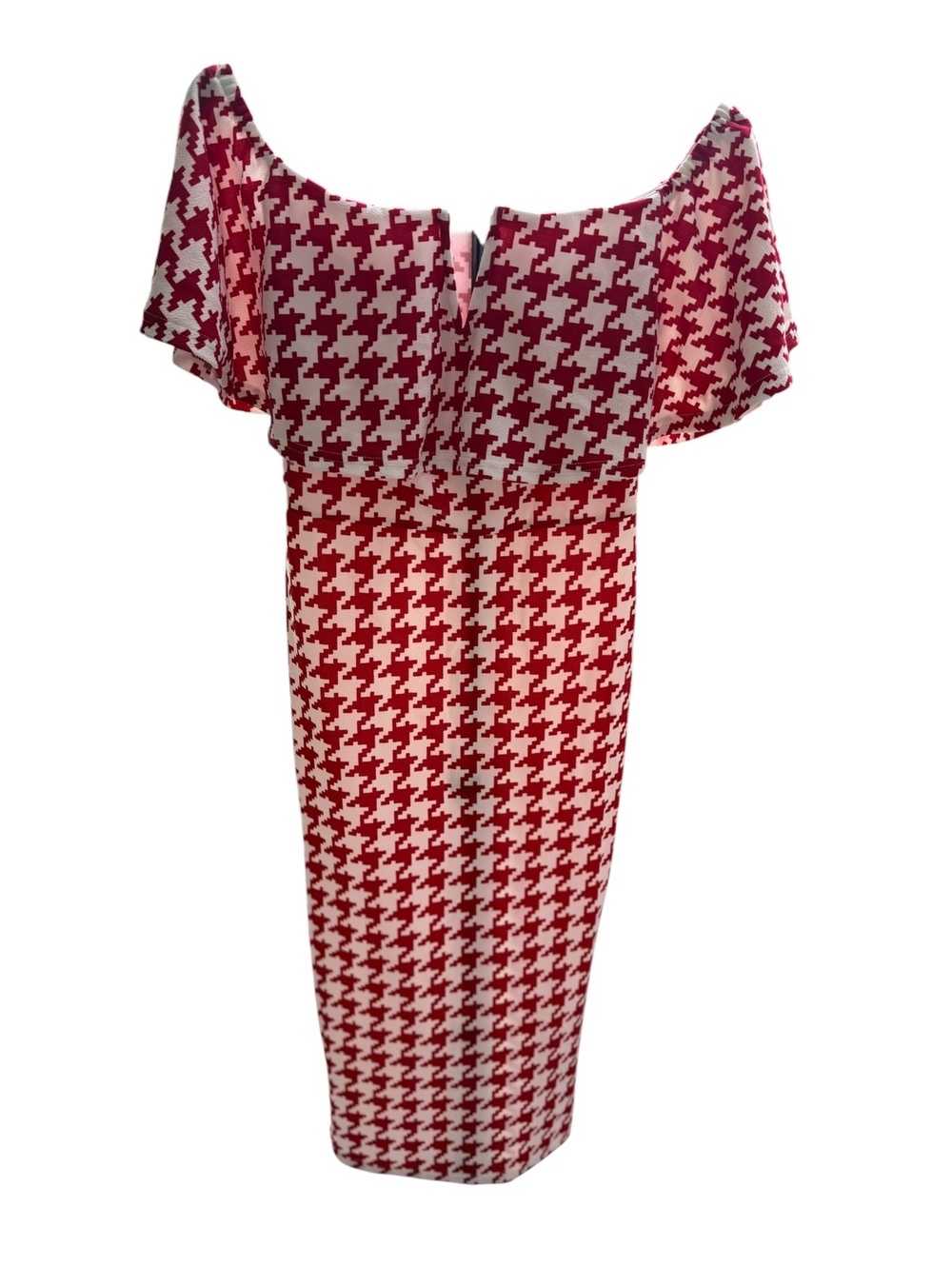 SHEIN Red and White Houndstooth Off-Shoulder Midi Dress Size M - Picture 2 of 6